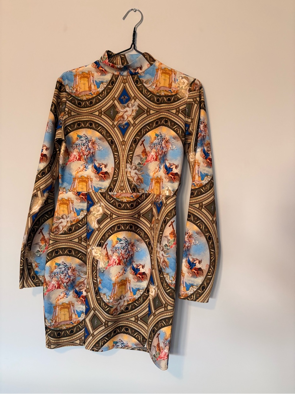 Baroque Print Long Sleeve Mock Neck Dress in Blue and Brown